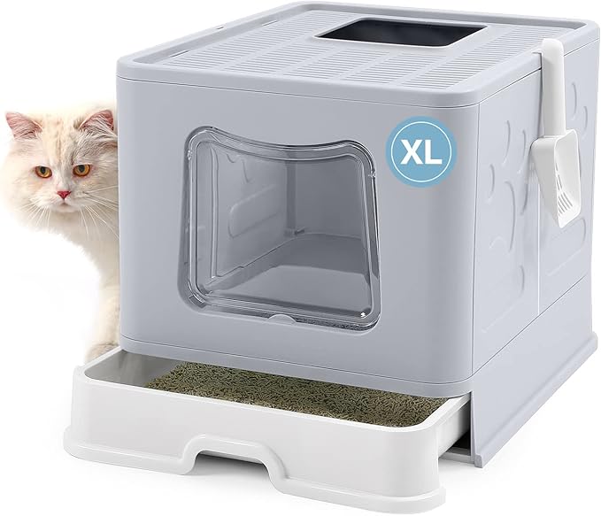 Bolux Foldable Cat Litter Box with Lid, Extra Large Litter Box with Cat Litter Scoop, Drawer Type Cat Litter Pan Easy to Scoop & Low Tracking (Grey XL)
