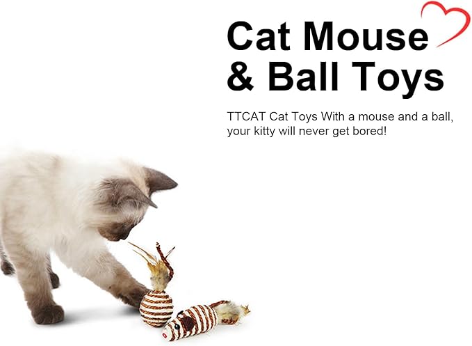 Cat Toys Set with Sisal Rope & Feathers Ball and Mouse - 2 Pack, Interactive Toys for Indoor Cats,Kittens