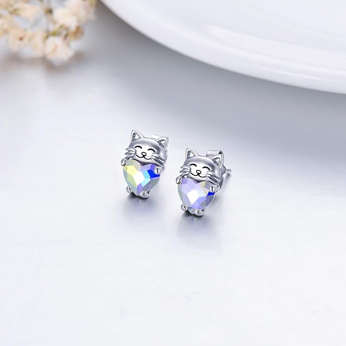 925 Sterling Silver Cat Earrings Cute Animal Kitten Stud Earrings cat Jewelry Gifts for Women Girls Hypoallergenic Earrings for Sensitive Ears