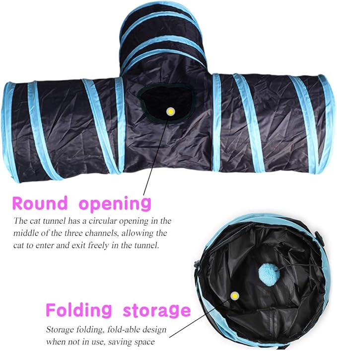 Cat Tunnel, Andiker Cat Tunnel Pet Tube Collapsible Play Toy Indoor Outdoor Toys for Puzzle Exercising Hiding Training and Running with Fun Ball and 2 Holes (Blue)