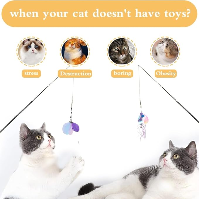 DONGKER Cat Wand Toy Set,3 Stage Retractable Kitten Feather Toys with Bells & 6 Replacement Heads for Teasing Cat Playing(Can't be used for catfishing)