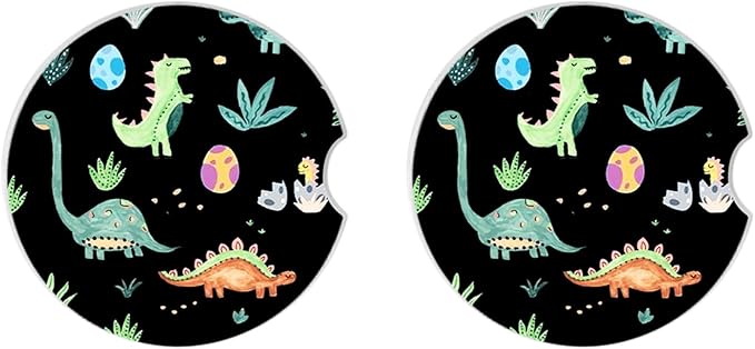 Car Coasters Pack of 2,Cute Dinosaur Graffiti Ceramic Cup Holders Car Coasters,Keep Cup Holders Clean and Dry,Drink Cup Car Holder Coasters with A Finger Notch