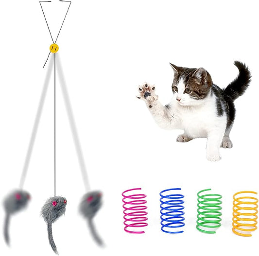Andiker 5Pcs Interactive Cat Toys for Indoor Cats, Triangular Hook Door Frame Cat Toy with The Adjustable Elastic Rope Cat Mouse Toy and 4pcs Cats Springs Self-Playing Cat Catching Toys (Hang)