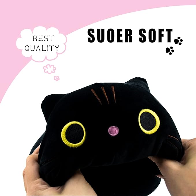 Black Cat Plush Pillow, Cat Stuffed Animal Plushies Lumbar Back Cushion, Cute Round Eyes Kitten Plush Doll Toy for Kids Home Decor Gift Boys Girls Birthday Valentines Christmas (13.8inch)