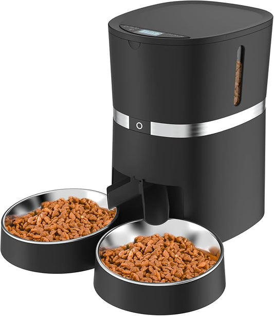 Automatic Cat Feeder, WellToBe Pet Feeder Food Dispenser for Cat & Small Dog with Two-Way Splitter and Double Bowls, up to 6 Meals with Portion Control, Voice Recorder - Battery and Plug-in Power