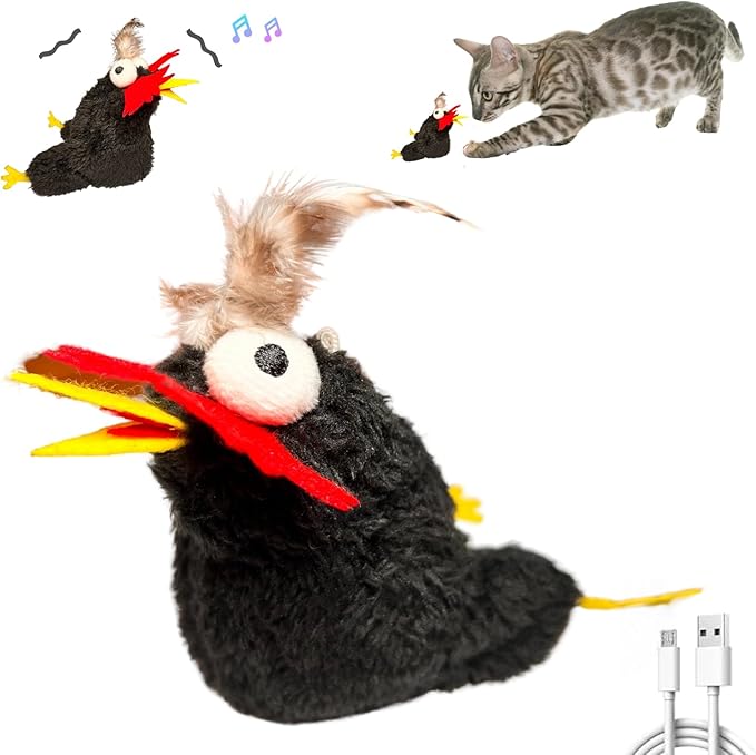 Interactive Flapping Bird Cat Toys, Rechargeable, Touch Activated, Catnip, Chirping Bird Toys for Indoor Cats and Kittens (Black Chicken)
