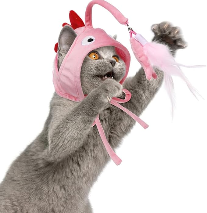 POPETPOP Pet Cat Teaser 2pcs Head Mounted Cat Headgear Interactive Self-Service Adjustable Size Cat Hat Feather (Pink)