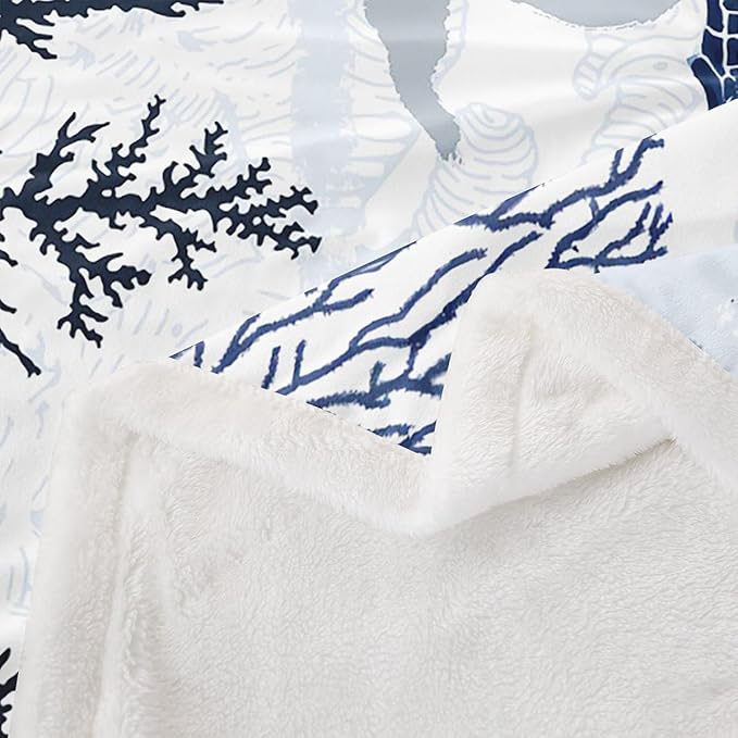 Turtle Sherpa Blanket White Blue Sea Hawaiian Turtle Fleece Throw Blanket Tortoise Plush Blanket Ocean Beach Theme Fuzzy Blanket Underwater Turtle Fleece Throw Blanket for Bed Sofa Couch King 87"x95"