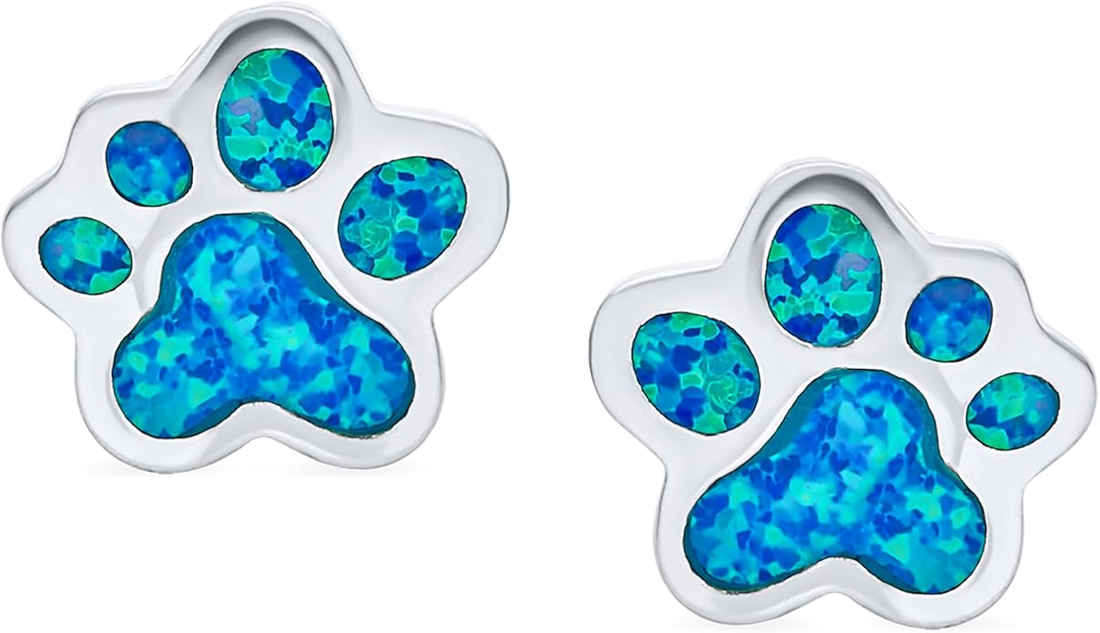 BFF Best Friend Animal Pet Lover BFF Blue Gemstone Opal Inlay Cat Dog Puppy Paw Print Stud Earrings Pendant Necklace Jewelry Set For Women Teen .925 Sterling Silver
