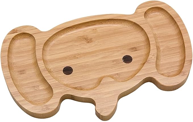 4914, Bamboo Food Plate for Snacks Appetizer Fruit Vegetable | Children Meal Plate | Picnic Kitchen Party | Divided Two Compartment Plate, Elephant Face Shaped, 11.5"x7.5", 1 Pack