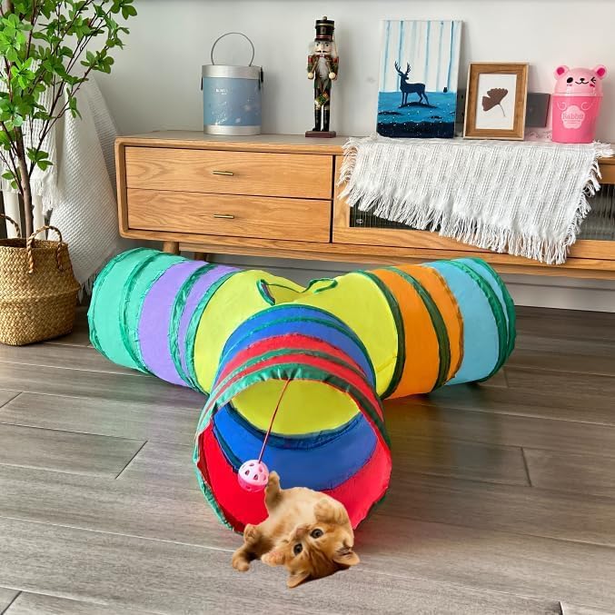 Cat Tunnel Tube Toys, Rainbow Tunnels for Indoor Cats, 3 Way Collapsible Interactive Toy Maze House with Peek Holes Dangling Ball for Rabbit, Kitten, Kitty, Puppy