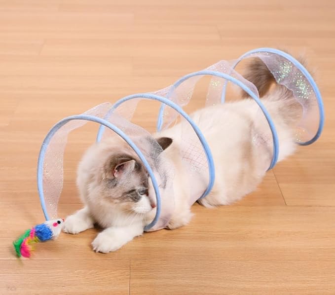 Collapsible Cat Tunnel, Funny Cat Tunnels for Indoor Cats, Foldable Cat Play Tunnel, Interactive Toy Maze Cat Toy with Play Ring for Cats, Puppy, Kitty, Rabbit (Blue)