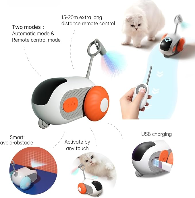 Turbo Tail 2.0 Cat Toy with 2-Speed Adjustment, Remote Control Mouse Cat Toy, USB Rechargeable Feature, Remote Control Cat Toy with Feathers, Interactive Cat Toys for Indoor Cats (Orange)