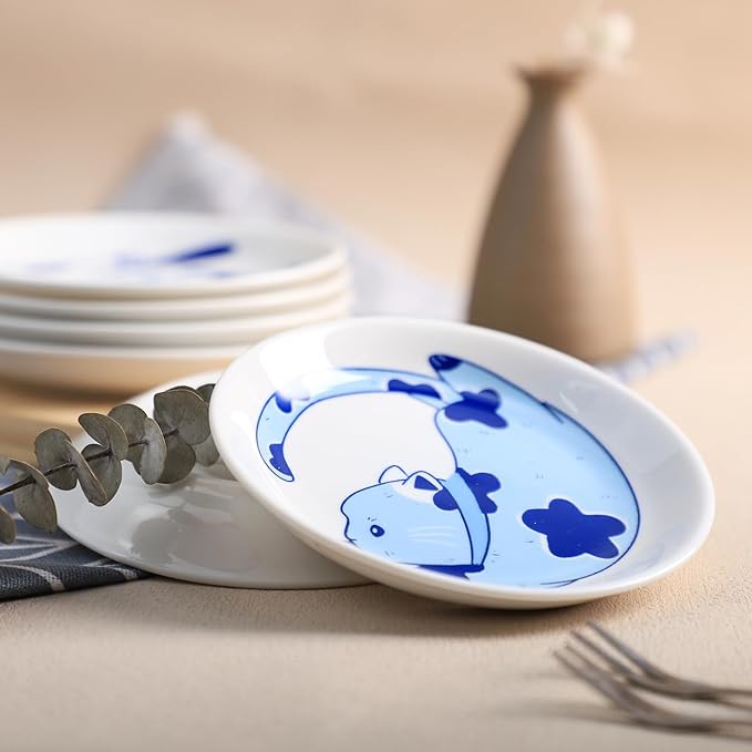 Blue and White Porcelain Vintage Cats Pattern Dessert Plates, Appetizer Plates, Snack Plates Set, Seasoning Dishes, Side Dishes, Saucer Dipping Bowls, 6 PCS-Blue Cats-5 Inch