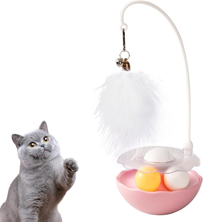 3-in-1 Tumbler Catnip Toy Interactive Cat Toys Cat Teaser with Feather and Bell, Track Balls Kitten Toys for Indoor Cats 9.8'' High (Pink)