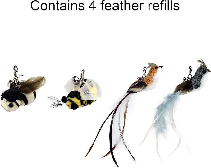 Interactive Bird and Insect Simulation Cat Toy Set with 4 Feather Refills, 29'' Flexible Steel Wire, Sturdy Wood Handle & Bell,Cat Wand Toys for Indoor Cat and Kitten.