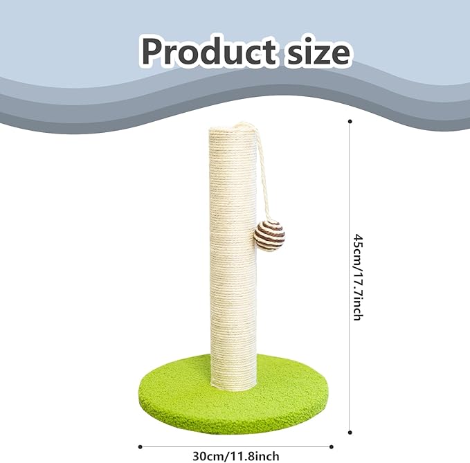 17 Inch Tall Cat Scratching Post Cat Scratcher- Sisal Rope and Carpet Scratching Pole with Hanging Ball Toy for Adult Cats and Kittens (Green)