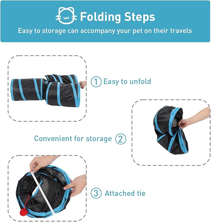 3 Way Cat Tunnel and Tube, Cat Tunnels for Indoor and Outdoor Cats, Collapsible Cat Tunnels with Peek Hole for Cat, Puppy, Kitty, Rabbit, Puppy (Y-Shaped Black-Blue)