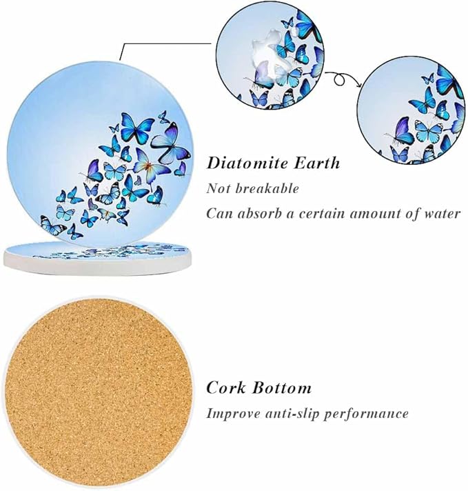 Butterflies Coasters for Drinks Nature Blue Butterflies Coasters for Table Ceramic Absorb Stone Coasters with Coffee Table Cork Base for Home Decor 2 Pcs