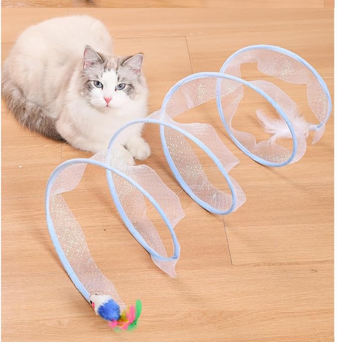 Collapsible Cat Tunnel, Funny Cat Tunnels for Indoor Cats, Foldable Cat Play Tunnel, Interactive Toy Maze Cat Toy with Play Ring for Cats, Puppy, Kitty, Rabbit (Blue)