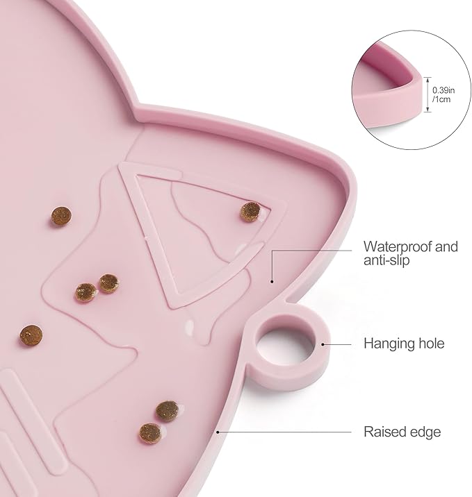 Coomazy Cat Food & Water Mat, Thicker Non-Slip Silicone Mat with Raised Edge (Pink, Medium)