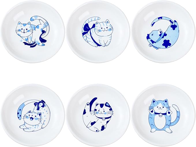Blue and White Porcelain Vintage Cats Pattern Dessert Plates, Appetizer Plates, Snack Plates Set, Seasoning Dishes, Side Dishes, Saucer Dipping Bowls, 6 PCS-Blue Cats-3.5 Inch
