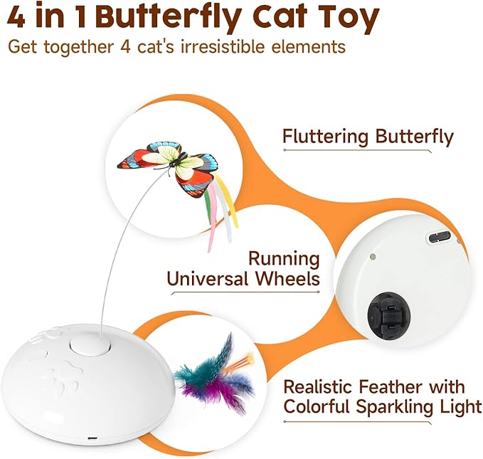 Potaroma Smart 4 in 1 Cat Toys, Interactive Butterfly Cat Toy, Running Moving Kitten Toys, 2.2" Height, White for All Breed Sizes