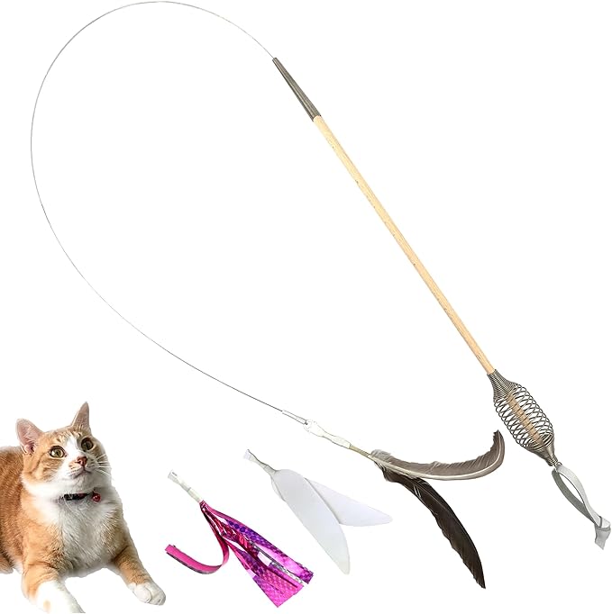 CurioSpring Super Elastic Wire Cat Toy, Effective Spring Grip, White Color Real Wood with 3 Attachments, Durable Cat Teaser Wand, Made in Japan