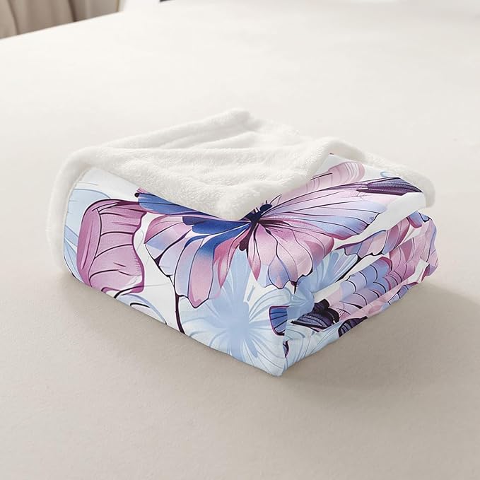 Butterfly Plush Blanket Butterflies Print Fleece Throw Blanket for Sofa Couch Bed Flying s Pattern Sherpa Blanket 3D Animal Theme Fuzzy Blanket Purple Blue Room Decor King 87x95 Inch