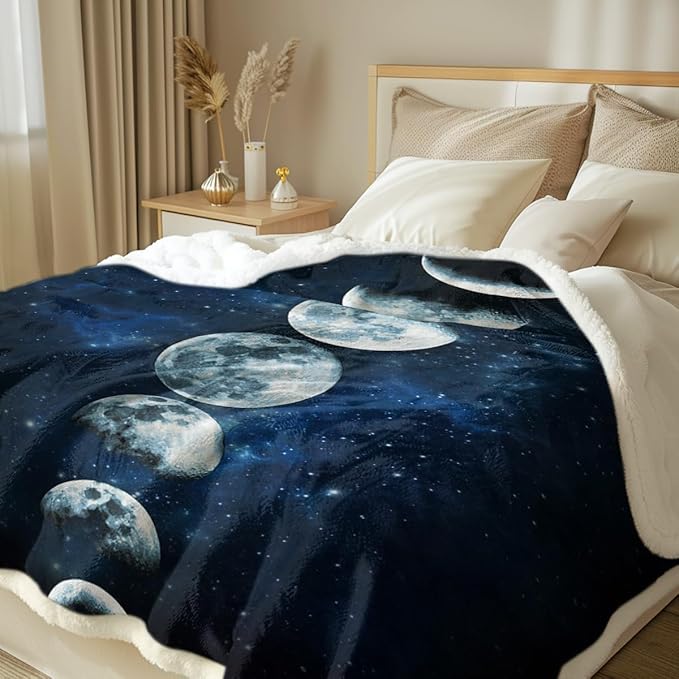 Sleepwish Lunar Eclipse Fleece Throw Blanket for Couch Chair Fuzzy Dark Blue Moon Phases Print Plush Sherpa Blanket for Kids, Throw(50" X 60")