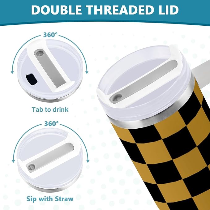 Boccsty Black Gold Squares Checkered Insulated Tumblers Reusable Stainless Steel Tumbler 40 oz Cup Coffee Travel Mug Water Bottle with Handle & Flip Straw for Home Office Car