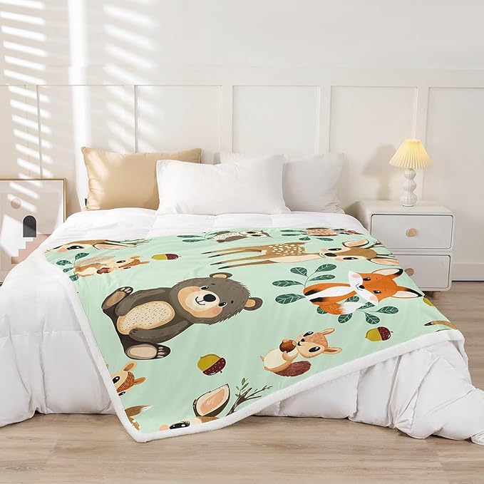 Kids Throw Blanket Boys Girls Bed Cute Fox Elk Bear Pattern Fleece Blanket Kawaii Zoo Animal Theme Plush Sherpa Blanket for Sofa Couch Super Soft Woodland Fox Nature Fuzzy BlanketThrow 50"x60"