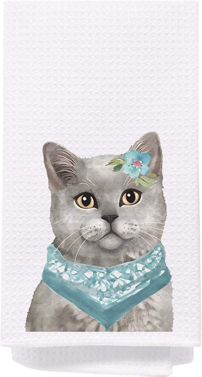 Grey Cat Kitchen Towels, Teal Bandana Grey Cat Dish Towels for Kitchen, Cat Hand Towels for Bathroom Kitchen, Grey Cat Gifts, Cat Gifts for Cat Lovers Women, Cat Kitchen Bathroom Decor, 16x24 Inches