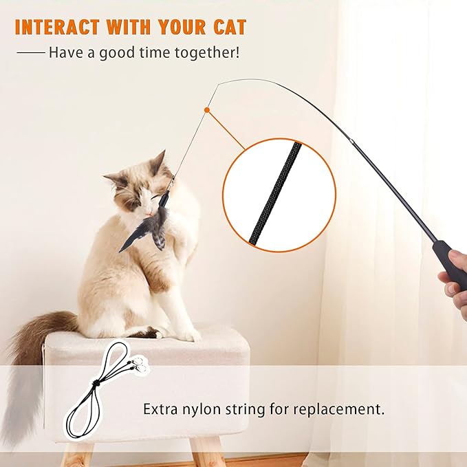 Retractable Cat Wand Toy for Indoor Cats Interactive Cat Feather Toys with Bell 8 Packs Kitten Toys with Fishing Pole Replaceable Worm Feather Tail Cat String Toy Gift for Indoor Outdoor