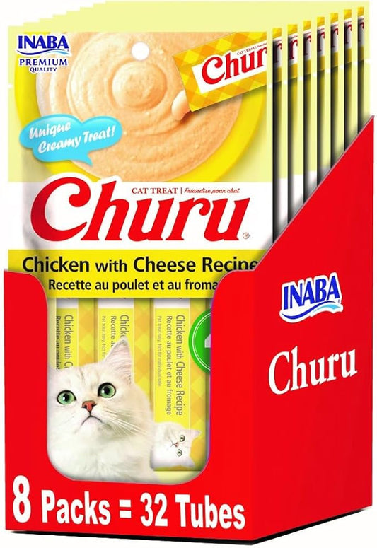 INABA Churu Lickable Purée Natural Cat Treats - Chicken with Cheese Recipe (4 Servings per Package, 8 Packages) (32 Tubes)