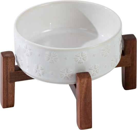 Ceramic 5.1inch Raised Dog and Cat Bowl Set, 2 Heights Elevated Wooden Stand for Puppy, Kitty, Cats, Weighted Pet Food and Water Dishes(5.1'',13.5oz, Arctic White)