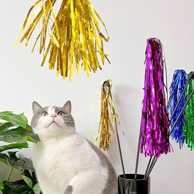 IUHKBH Cat Toy Wand 6 PCS Interactive Cat Teaser Wand with Sound Paper Tassels and Bell for Cat and Kitten