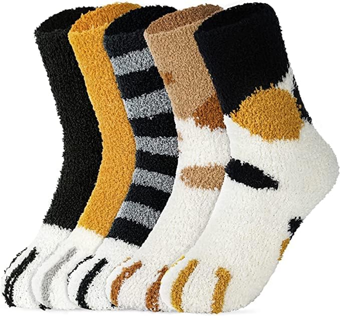 5 Pairs Fuzzy Cat Socks - Warm, Fluffy, Plush Winter Socks for Women