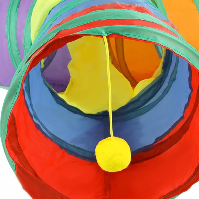 Cat Tunnel Tube Toys, Colorful Tunnels for Indoor Cats, 3 Way Collapsible Interactive Toy Maze House with Peek Holes Dangling Ball for Rabbit, Kitten, Kitty, Puppy