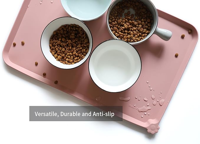 Hoki Found L Silicone Pet Food Mats Tray - Non Slip Pet Dog Cat Bowl Mats Placemat - Dog Pet Cat Feeding Mat - Waterproof Dog Cat Food Mats -Pet Water Mats for Carpet - Neutral Pink