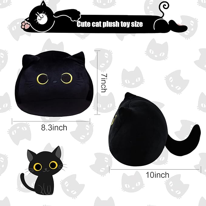 10'' Cute Black Cat Plush Toys, Soft Pillow Squishy Plushies, Kawaii Cat Stuffed Animals for Home Decoration, Gift for Cat Lovers, Kids, Boys & Girls (Black, 10 Inch)