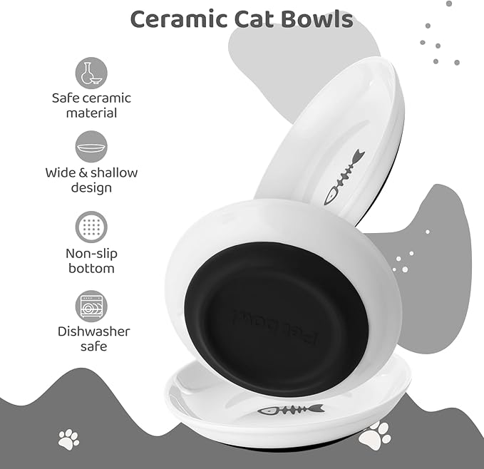 Dorakitten Ceramic Cat Bowls 6 Packs, No Whisker Fatigue Wide Shallow Cat Dishes with Non-Slip Silicone Bottom, Pet Cat Food Water Plates Bowls, 15cm Diameter, 6Pcs Fish bone