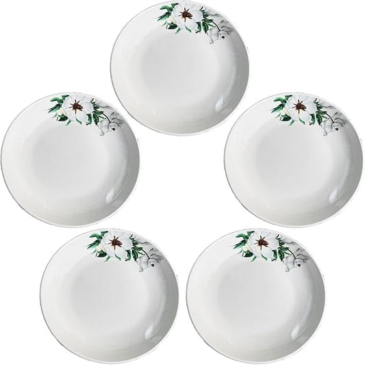 5 Pack Ceramic Plates with Lotus Pattern, 7.12 inch Large Dessert Salad Porcelain Dinner Plates, Ceramic Dessert Dishes for Steak, Pasta, Pizza, Appetizer ( Dishwasher & Microwave Safe Dinnerware)