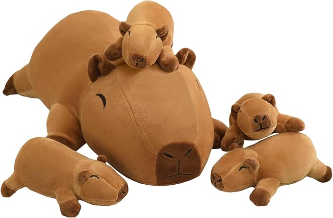 Capybara Plush Cute Capybara Stuffed Animal Pillow with 4 Baby Plushies in Her Tummy, Soft Cotton Stuffed Animals Toy Gifts for Kids