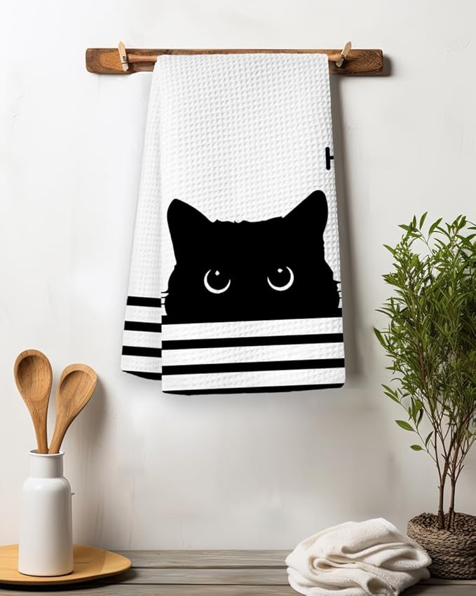 Black Cat Kitchen Towels, Funny Cat Decor for Home, Waffle Weave Microfiber Towel, 1624 Inches