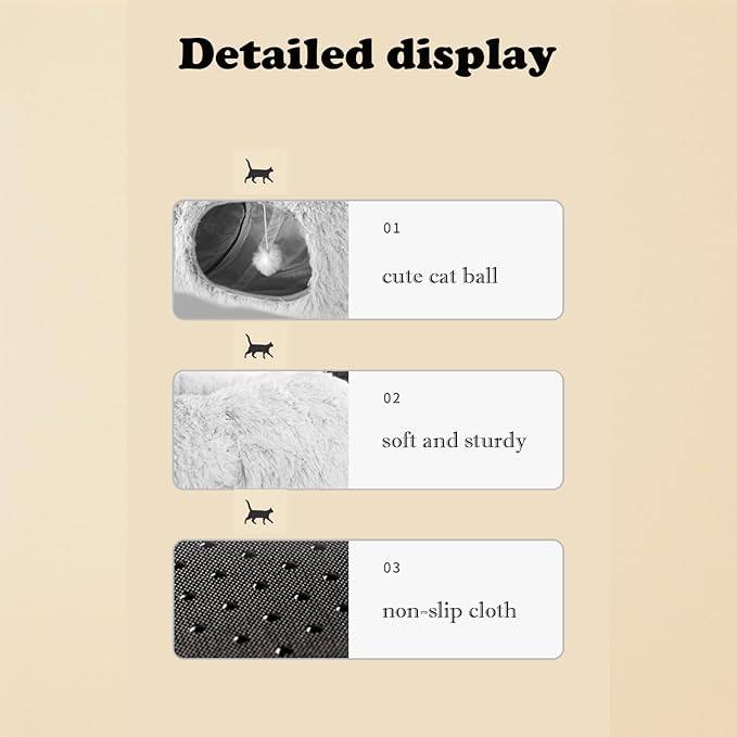 Cat Tunnel Bed for Indoor Cats, with Detachable Soft Mat, Fluffy Plush Central Cat Couch, Hanging Toy, Multifunctional Plush Cattasaurus Peekaboo Cave for Small, Medium, Large Cats, Rabbit