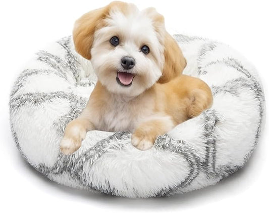 Dog Bed for Indoor, Faux Fur Calming Dog & Cat Bed 24' Anti-Anxiety Donut Soft Plush Cushion for Small Medium Dogs & Cats with Slip-Resistant Bottom (Grey+White)
