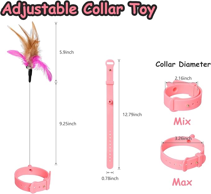 Cat Collars with Cat Feather Toys,3pcs Interactive Cat Toy with Bell for Indoor Cats,Adjustable Silicone Cat Collar Toy(Pink&Blue&Green)