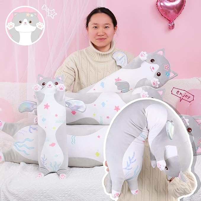 AIXINI Long Cat Plush Pillow Cartoon Cute Gray Cat Stuffed Animals, Soft Kawaii Kitten Plushies Pillow Toy for Kids (Gray,35.4inch)
