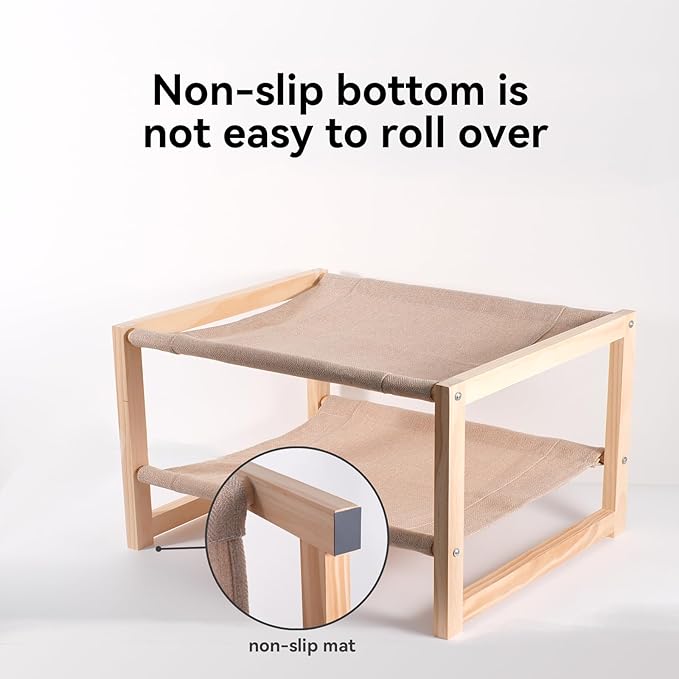 2 Tier Cat Hammock Bed, Elevated Wooden Pet Bunk Beds for Indoor Cats, Double Wooden Cat Bed, Solid Wood Raised Hanging Bed for 1 or 2 Cats Breathable Washable Covers